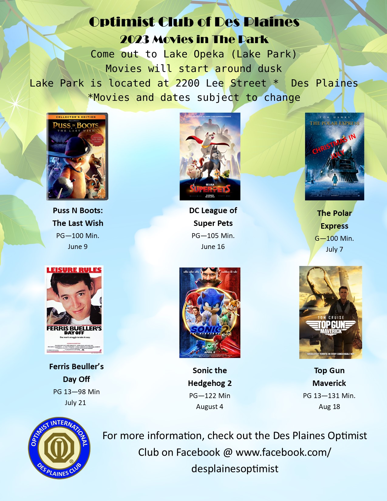 2023 Optimist Club of Des Plaines Movies in the Park